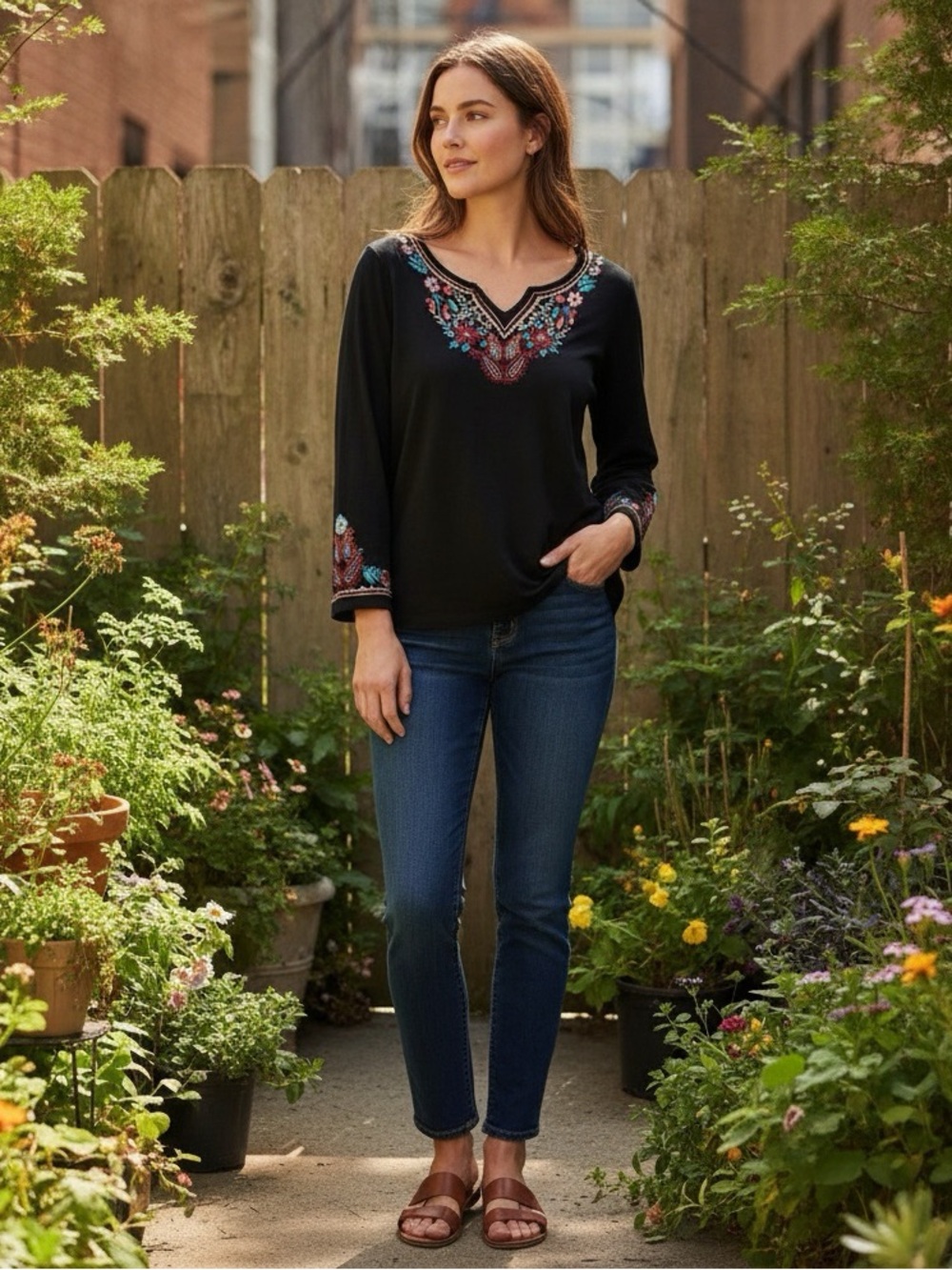 SKULLY Floral Embroidered Long Sleeve T-Shirt Size Medium